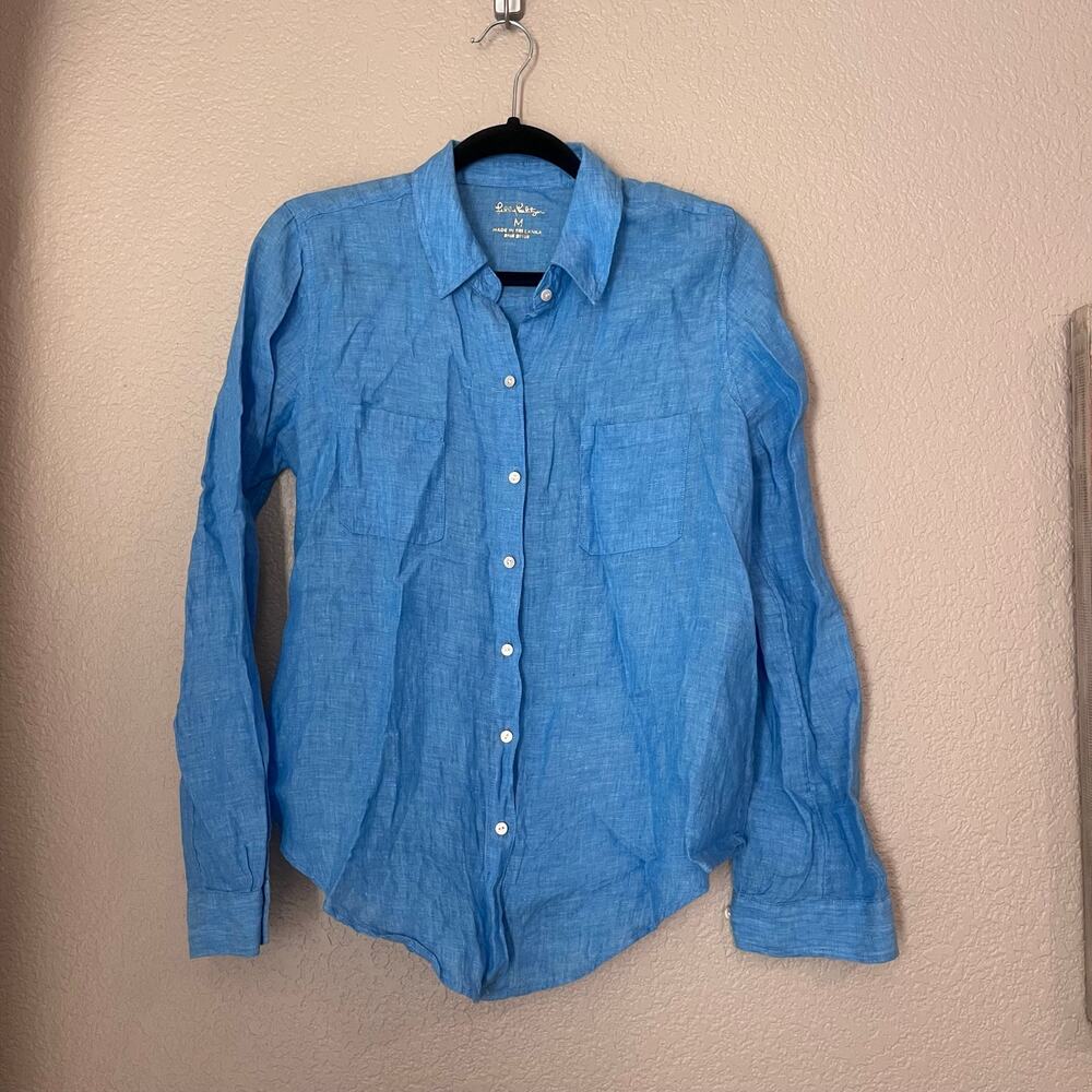 Lilly Pulitzer 100% Linen Blue Button Down Shirt Long Sleeve Medium Collared - Picture 2 of 8